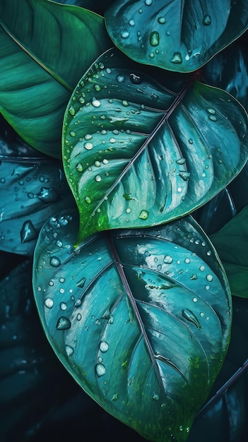 Een groen blad met waterdruppels erop
