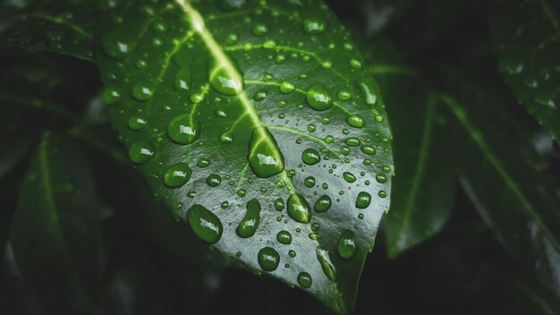 Een groen blad met waterdruppels erop