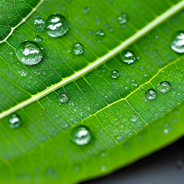 Een groen blad met waterdruppels erop