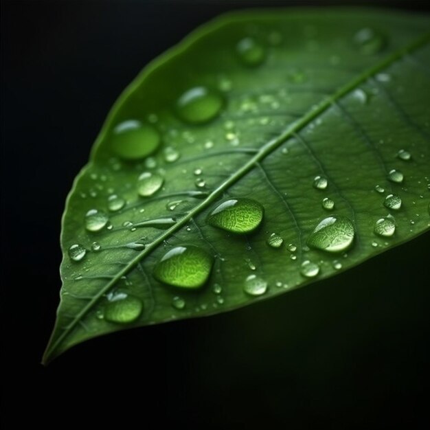 Een groen blad met waterdruppels erop