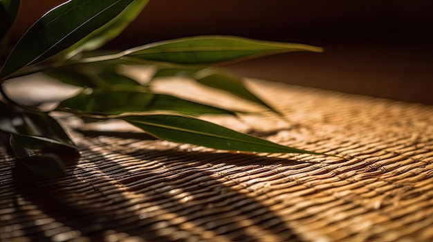 Foto een groen blad op een rieten mand