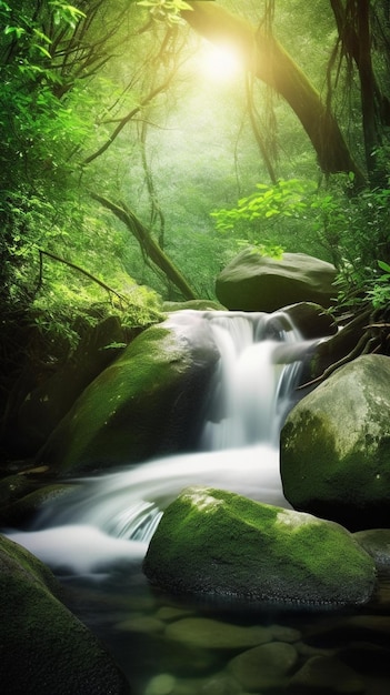 Een groen bos met een waterval en de zon erop.