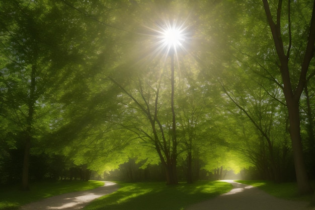 Een groen bos met een zonnestraal in het midden