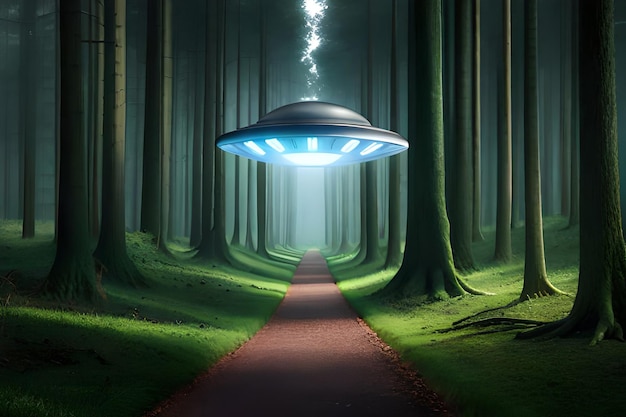 Een groen bos waar een ufo overheen vliegt