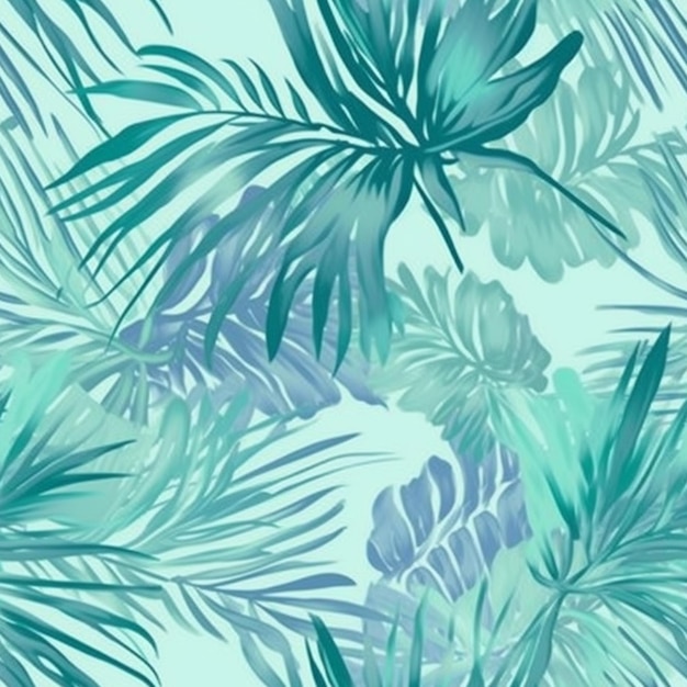 een groen en blauw tropisch printbehang met palmbladeren generatieve ai