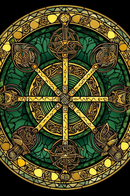 Een groen en gouden Keltisch kunstwerk met de woorden 'the green man' erop.