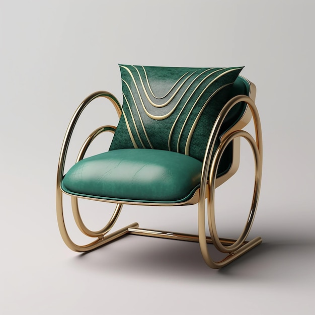 een groen en gouden stoel met een gouden patroon op de rugleuning.