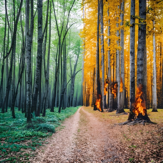 Een groen en verbrand bos dat klimaatveranderingen laat zien