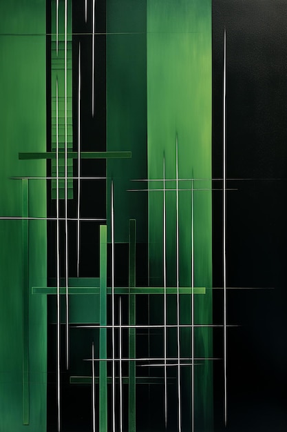 een groen en zwart abstract schilderij van een gebouw met lijnen en lijnen.