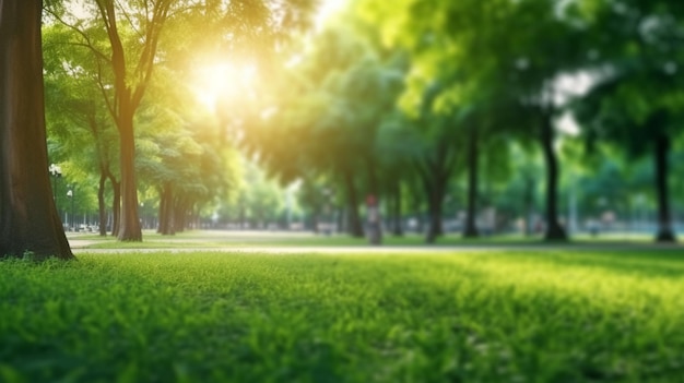 Een groen gazon met bomen en een bankje op de achtergrond