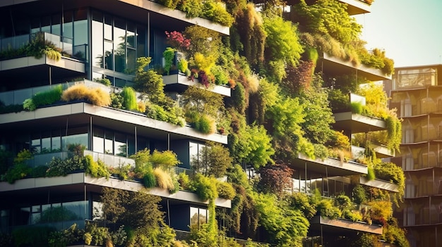 Een groen gebouw met planten aan de zijkant