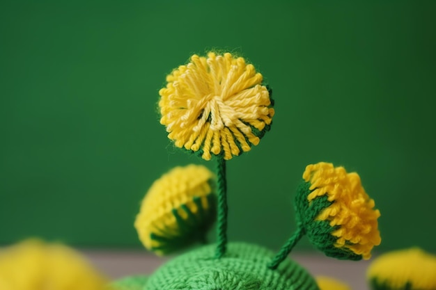 Een groen gehaakt plantje met gele bloemen erop