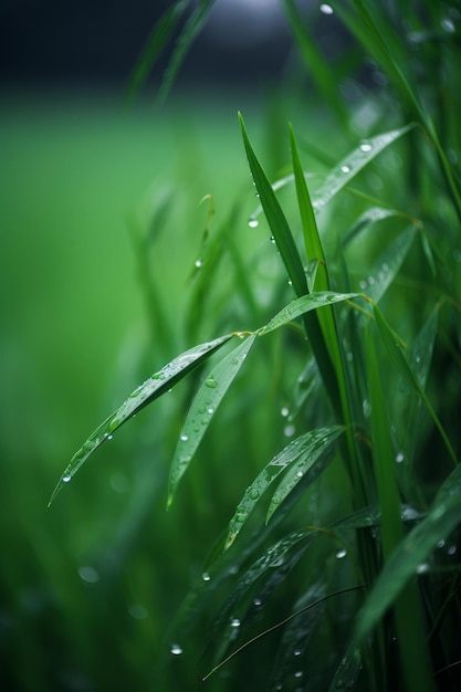 Een groen gras met waterdruppels erop