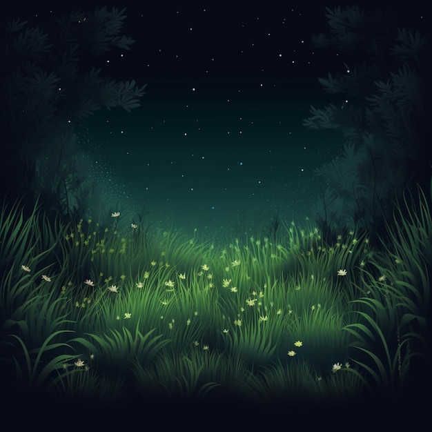 Een groen grasveld met een nachtelijke hemel en sterren.