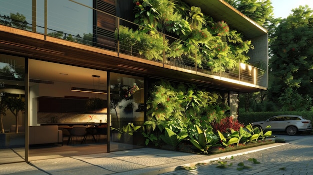 een groen huis met planten op de ramen
