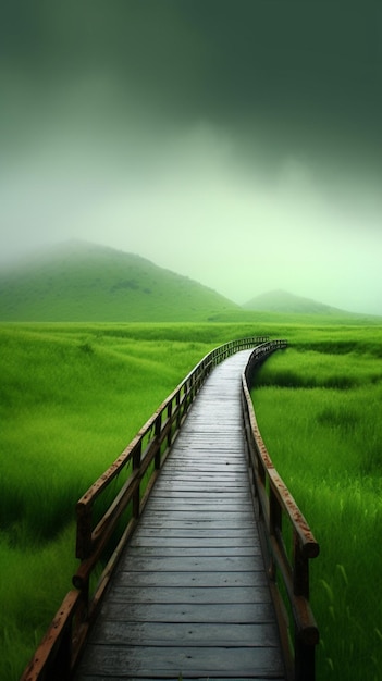 Een groen landschap met een houten loopbrug die naar een groen veld leidt.