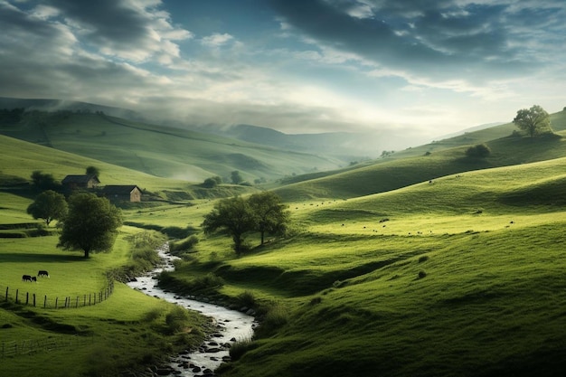 een groen landschap met een rivier en een schuur op de achtergrond.