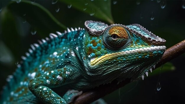 Een groen met blauwe kameleon zit op een tak in de regen.