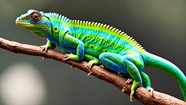 Een groen met blauwe kameleon zit op een tak.