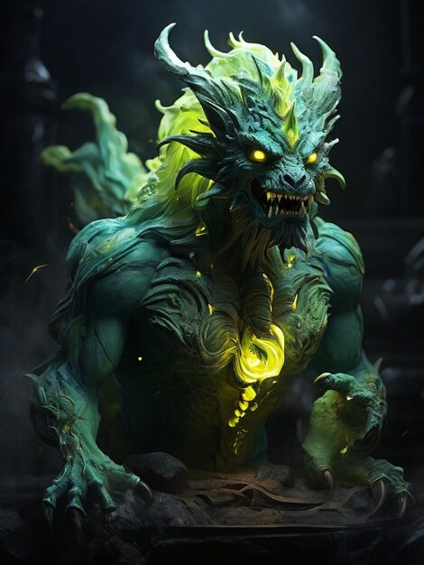 Een groen monster met gele ogen en een groen hoofd.