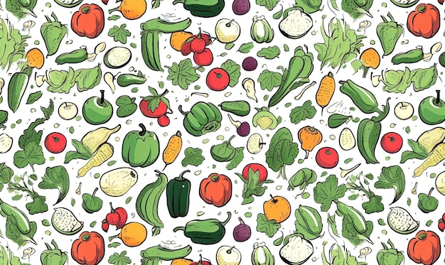 een groen naadloos patroon met verschillende groenten en bladeren in de stijl van vetgedrukte contouren