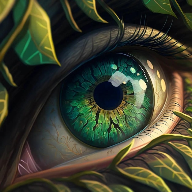 Een groen oog met een blad en het woord draak erop.