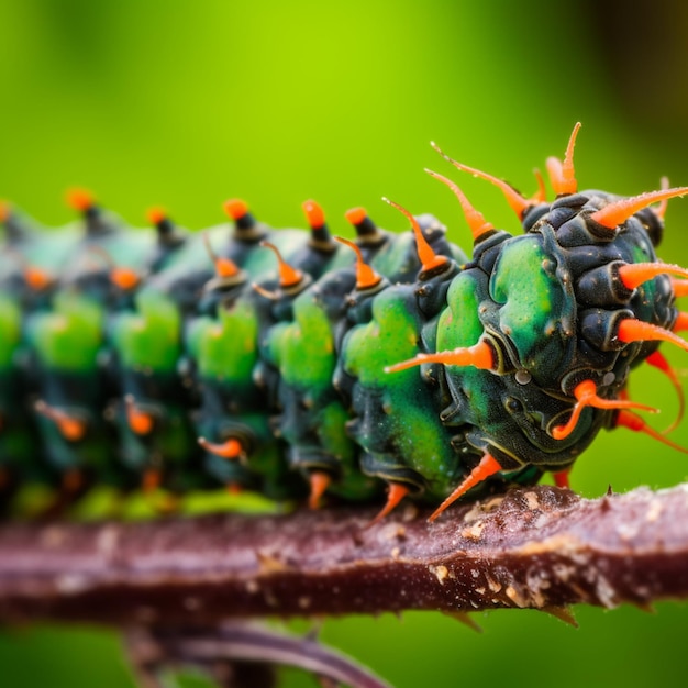 Foto een groen-oranje rups met oranje puntjes op zijn kop.