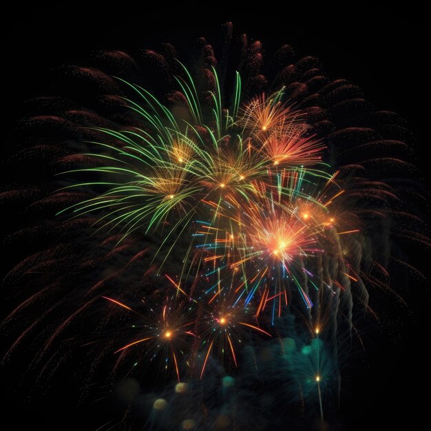 Een groen rood en oranje vuurwerk wordt verlicht in de nachtelijke hemel