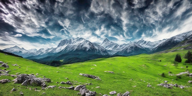 Een groen veld met bergen op de achtergrond