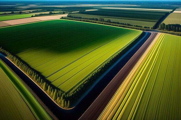 Een groen veld met bomen op de achtergrond