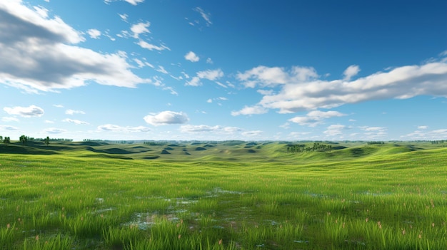 een groen veld met een blauwe hemel en wolken