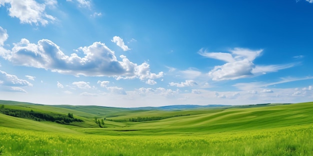 Een groen veld met een blauwe lucht en wolken