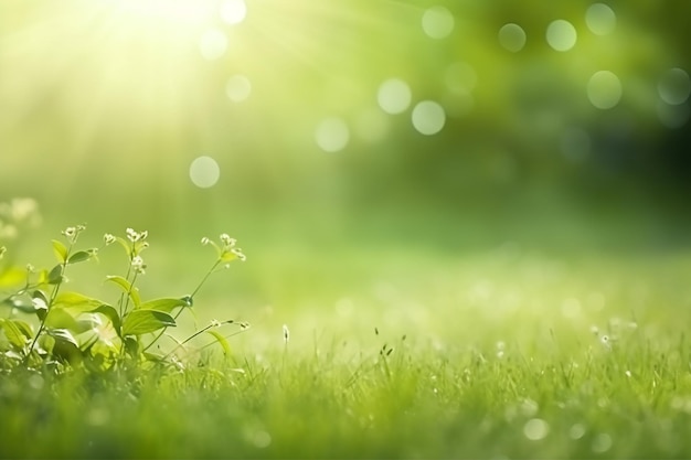 Een groen veld met een plant op de voorgrond en een onscherpe achtergrond waar de zon op schijnt.