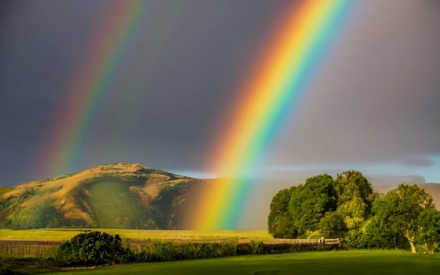 Een groen veld met een regenboog aan de horizon.