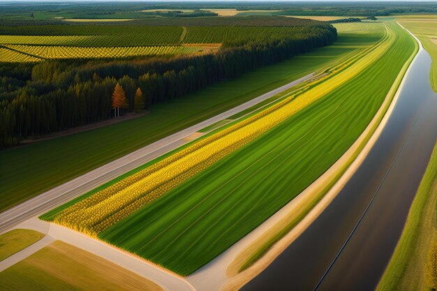 Een groen veld met een weg en bomen op de achtergrond