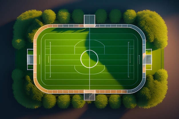 Een groen voetbalveld met bomen en een schaduw van de zon