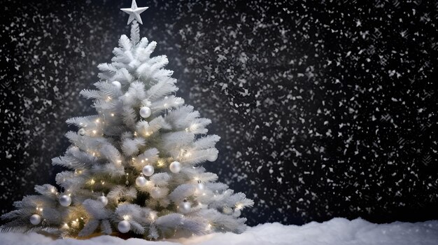 Foto een groenblijvende boom bedekt met sneeuw omringd door zilveren sieraden en lichten