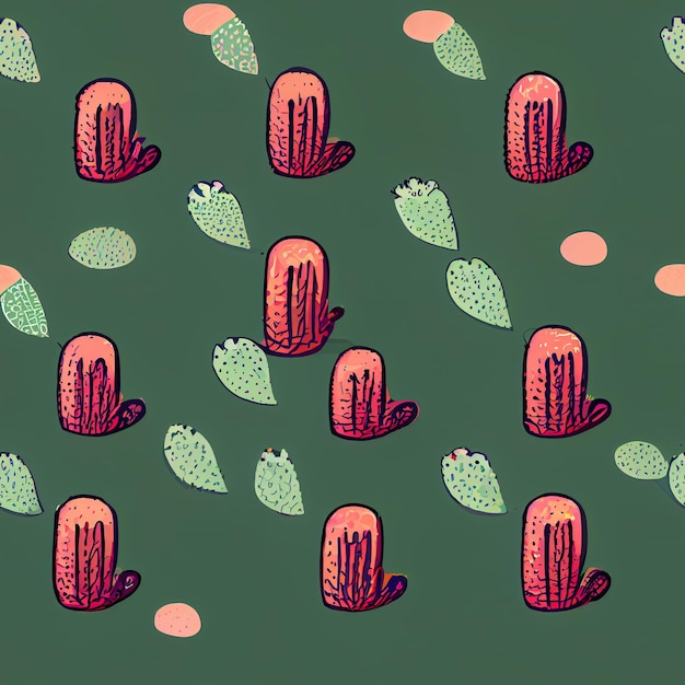Een groene achtergrond met een cactuspatroon en een roze cactus met een groen blad