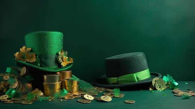 Een groene achtergrond met een groene hoed en gouden munten