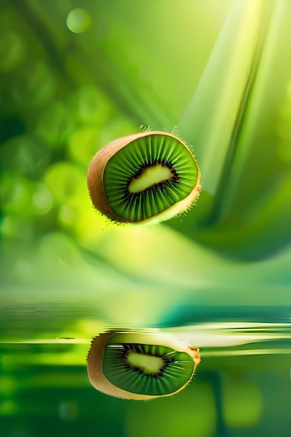 Een groene achtergrond met een kiwi die in de lucht zweeft