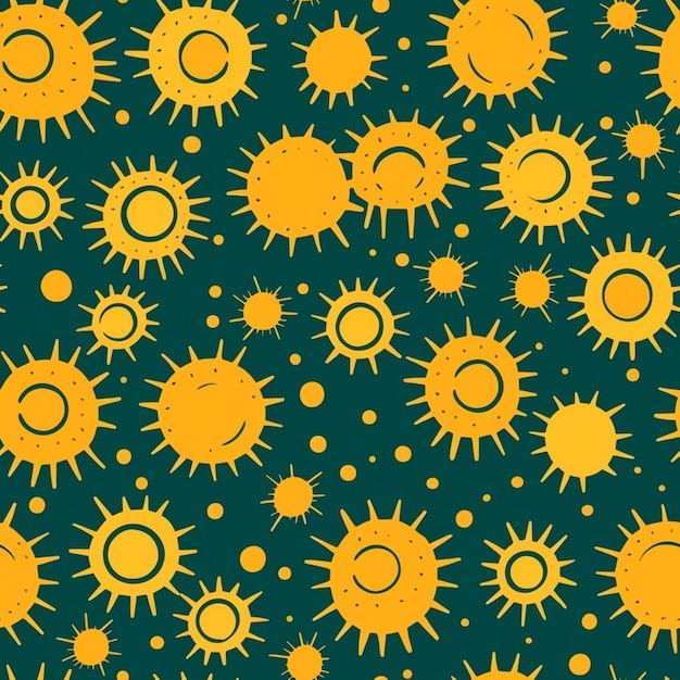Een groene achtergrond met gele zon en sterren.