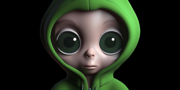 Een groene alien met grote ogen en een groene hoodie