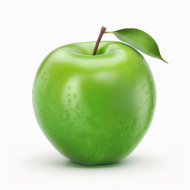 Een groene appel met een blaadje eraan