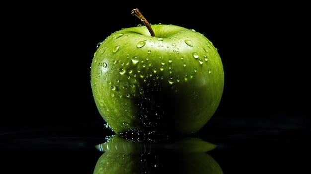 Een groene appel met waterdruppels erop