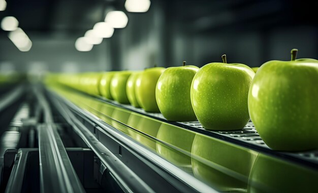 Een groene appel op een transportband op de achtergrond van een moderne fabriek