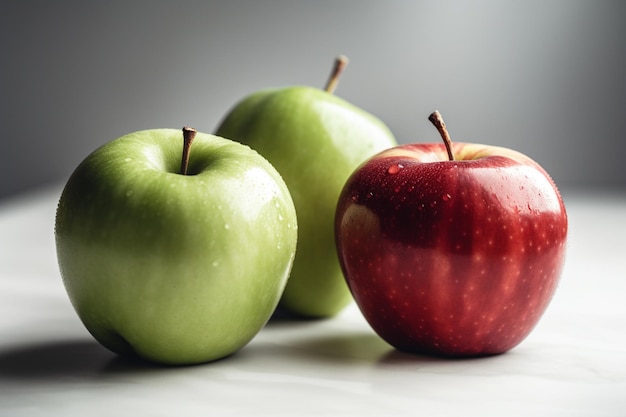 Een groene appel zit op een tafel naast een rode appel.