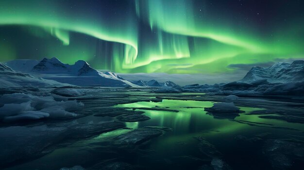 een groene aurora over een bergmeer