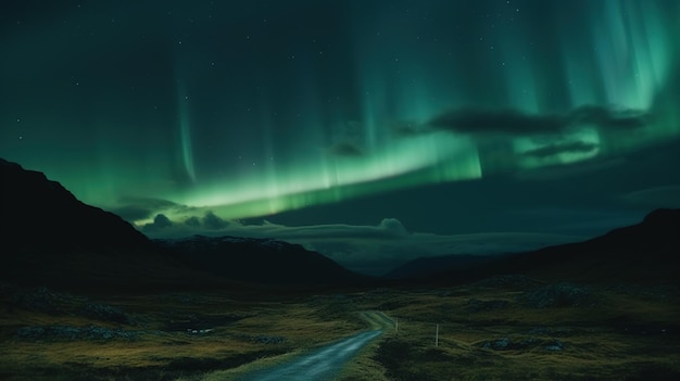 Een groene aurora over een weg met een weg en een weg met de lucht erboven