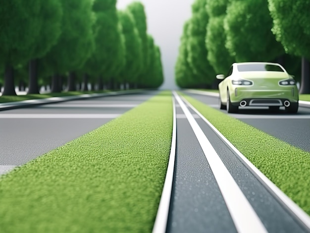 Een groene auto op de weg met bomen op de achtergrond