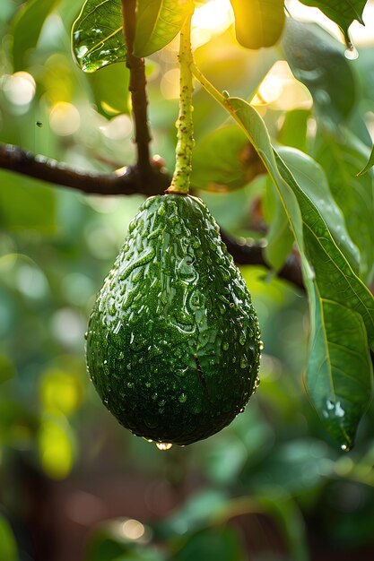 Een groene avocado die aan een boomtak hangt met waterdruppels erop.